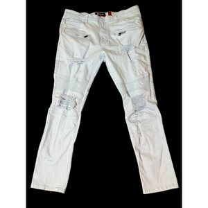 Makobi Jeans Mens 40x32 Lite Blue Denim Distressed Straight Zipper Wash Whiskers